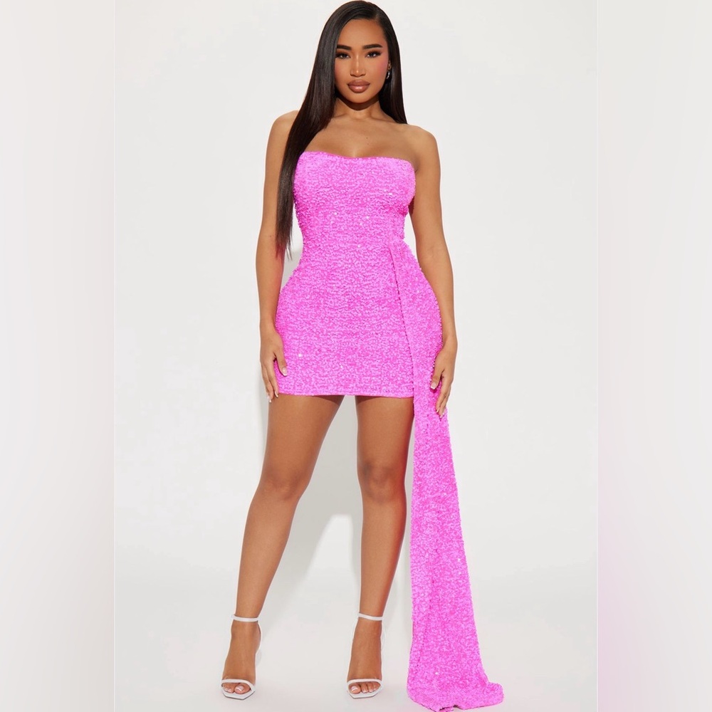 Fashion Nova Neon Pink Strapless Sequin Mini Dress with Side Drape
